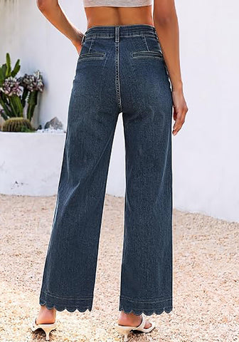 GRAPENT Women's High Waisted Scalloped Ankle Jeans | Stretchy Denim, Straight Wide Leg, 27.5" Inseam, Patched Pockets, Work Office Dressy Casual