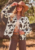 Dark Brown Cow Print Women's Cow Print Faux Suede Shacket — Cropped Button Down Jacket with Pockets & Full Lining