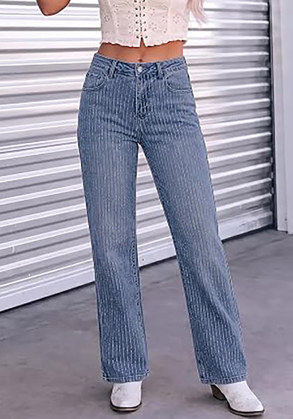 Bay Blue Women's Rhinestone Wide Leg Jeans, High Waisted Stretch Glitter Sparkly Embellished Denim Pants, 29.5" Inseam Trendy Party Night Out Outfits