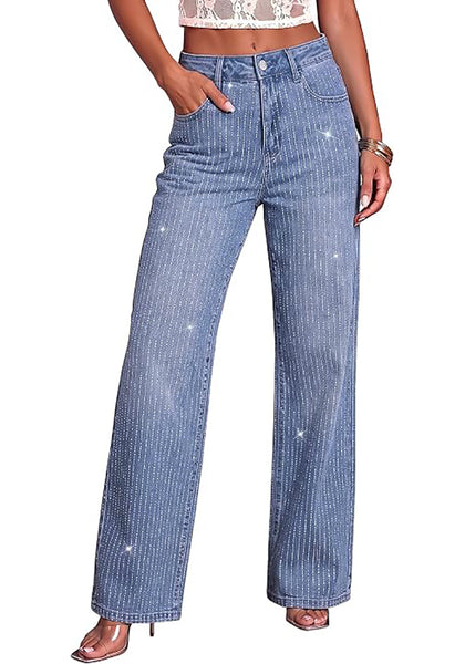 Modern Blue Women's Rhinestone Wide Leg Jeans, High Waisted Stretch Glitter Sparkly Embellished Denim Pants, 29.5" Inseam Trendy Party Night Out Outfits
