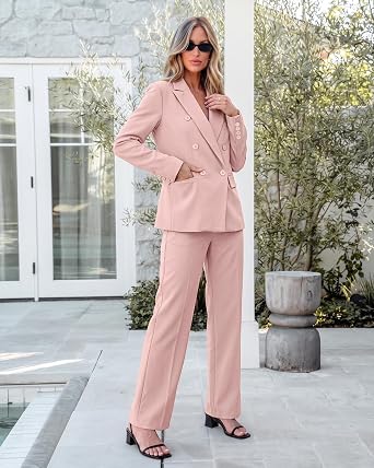 Peach Blush Women's 2 Piece Double Breasted Pantsuit — Double Breasted, Wide Leg & Structured Shoulders, Professional Dressy Pantsuit Set, Office Chic, 2026 Fall Fashion