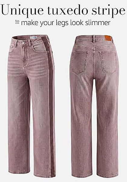 Pecan Brown Women's High Waisted Straight Leg Jeans, Tuxedo Side Stripe Stretchy Denim Pants, 29" Inseam Relaxed Fit 90s Style Concert Outfits