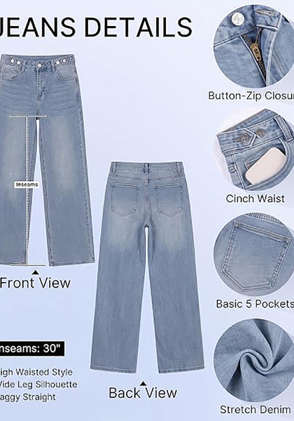 GRAPENT Women's High Rise Wide Leg Jeans | Stretchy Denim, Adjustable Cinch Waist, 30" Inseam, 90s Baggy Straight, Everyday Dressy Casual
