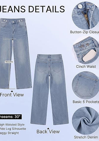 GRAPENT Women's High Rise Wide Leg Jeans | Stretchy Denim, Adjustable Cinch Waist, 30" Inseam, 90s Baggy Straight, Everyday Dressy Casual