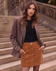 Brown Women's Corduroy Short Skirt, Trendy Button Fly Stretchy Fall Skirts with Elastic Back Waist and Functional Pockets, Soft Dressy Casual Fall Outfits