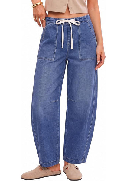 GRAPENT Women's High Waisted Baggy Barrel Jeans | Stretchy Denim, Elastic Drawstring Waist, Pull On, 27.5" Inseam, Ankle Length, Dressy Casual Outfits