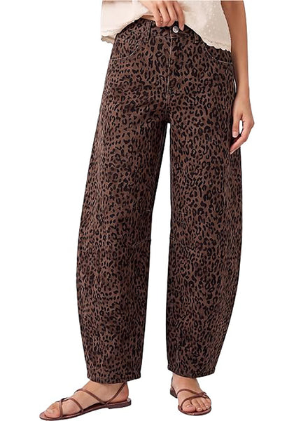 Dark Brown Cheetah Women's Trendy Leopard Barrel Jeans — High Waisted Baggy Wide Leg Stretchy Denim Pants with Front Seam & Ankle Length