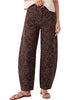 Dark Brown Cheetah Women's Trendy Leopard Barrel Jeans — High Waisted Baggy Wide Leg Stretchy Denim Pants with Front Seam & Ankle Length