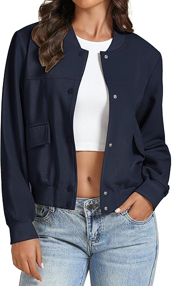 Navy Blue Women's Casual Fully Buttoned Jackets Baseball Collar Front Pocket Moderate Fit Slight Stretch.