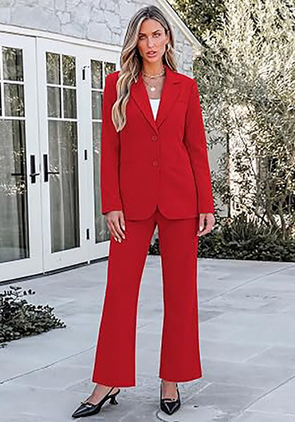 Red Women's 2 Piece Pant Suits, Business Casual Buttoned Blazer and High Waisted Bootcut Pants Set, 29" Inseam Professional Office Fall Teacher Outfits