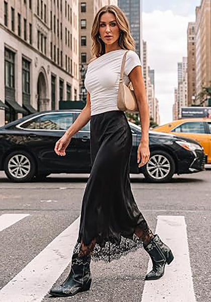 Black Women's Satin Maxi Skirt — Silky Bias Cut Long Slip Skirt with Easy Pull On Elastic Waistband & Lace Trim Hem