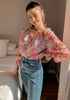 Sky Blue x Hot Pink Floral Women's Floral Ruffle Button Down Long Sleeve Blouse