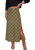 Green & Khaki Women's Trendy Plaid Maxi Skirt — High Waisted A Line Long Skirt with Side Slit, Vintage Pattern & Back Elastic Waist