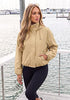 Beige Women's Trendy Funnel Neck Bomber Jacket — Oversized Cropped Zip Up Hooded Jacket with Stand Collar & Elastic Cuff Hem