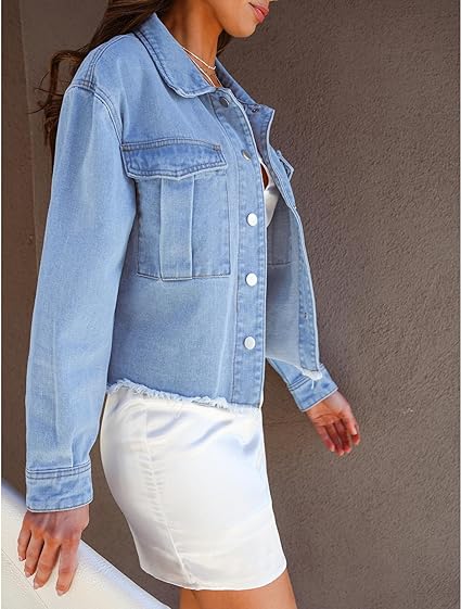 Daylight Blue Women's Denim Collared Jacket With Flap Pocket Button UP Raw Hem Detail Long Sleeve Jean Jackets