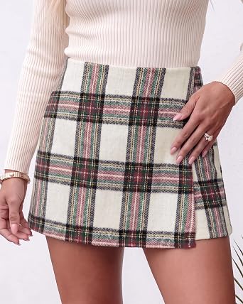 Multi White Women's Plaid Skort High Waist Faux Wrap Mini Skirt with Side Zipper, Elastic Back & Built-in Shorts