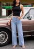 Reef Blue Women's High Waisted Wide Leg Jeans by luvamia — Stretchy 90s Baggy Straight Denim, Raw Hem, Button Front, 29.5