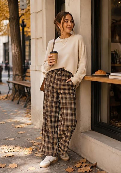 GRAPENT Women's High Waisted Wide Leg Plaid Pants | Tartan Pattern, Elastic Waist Drawstring, Pockets, Relaxed Fit, Casual Daily Fall Outfits