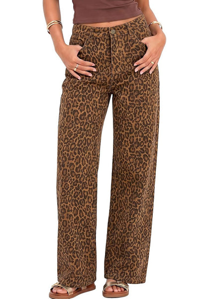 GRAPENT Women's High Waist Wide Leg Leopard Jeans | Stretchy Denim, Baggy Loose Fit, 29.5" Inseam, Cheetah Print, Western Chic Outfits