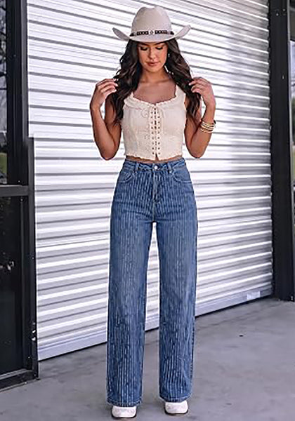 Classic Blue Women's Rhinestone Wide Leg Jeans, High Waisted Stretch Glitter Sparkly Embellished Denim Pants, 29.5" Inseam Trendy Party Night Out Outfits