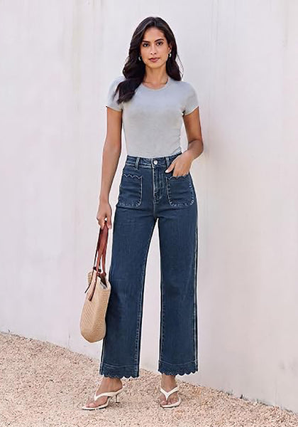GRAPENT Women's High Waisted Scalloped Ankle Jeans | Stretchy Denim, Straight Wide Leg, 27.5" Inseam, Patched Pockets, Work Office Dressy Casual