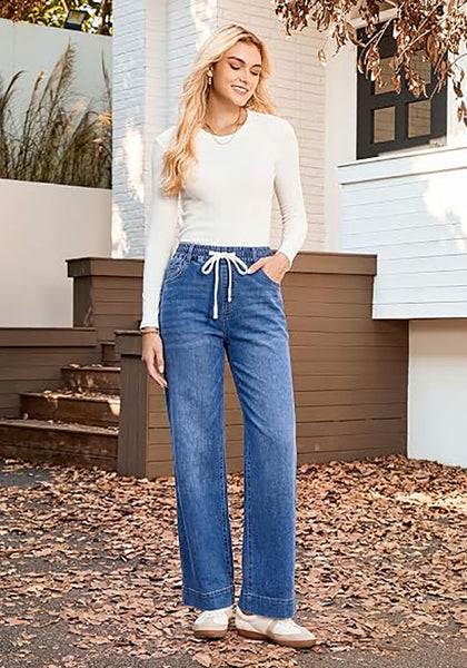 GRAPENT Women's High Rise Straight Wide Leg Jeans | Stretchy Denim, Elastic Waist, 29.5" Inseam, Work & Casual Daily Wear