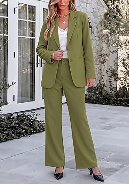 Olive Green Women's 2 Piece Pant Suits, Business Casual Buttoned Blazer and High Waisted Bootcut Pants Set, 29" Inseam Professional Office Fall Teacher Outfits