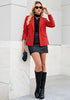 Red Women's Notched Lapel Blazer, Single Button Shoulder Pads Suit Jacket, Long Sleeve Business Casual Work Office Blazer with Pockets & Back Slit