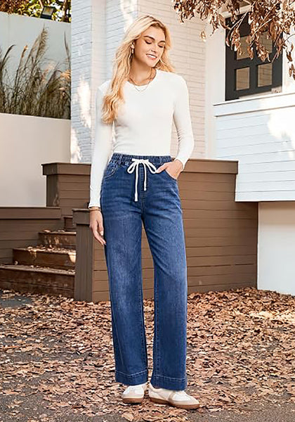 GRAPENT Women's High Rise Straight Wide Leg Jeans | Stretchy Denim, Elastic Waist, 29.5" Inseam, Work & Casual Daily Wear
