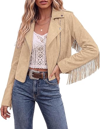 Beige Women's Cropped Fringe Faux Suede Jacket — Trendy Zip Up Tassel Cowgirl Jacket with Full Lining & Faux Leather Finish