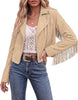 Beige Women's Cropped Fringe Faux Suede Jacket — Trendy Zip Up Tassel Cowgirl Jacket with Full Lining & Faux Leather Finish