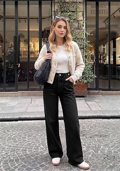GRAPENT Women's High Rise Wide Leg Jeans | Stretchy Denim, Adjustable Cinch Waist, 30" Inseam, 90s Baggy Straight, Everyday Dressy Casual