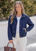 Darkness Blue Women's Funnel Neck Denim Jacket — Oversized Zip Up Jean Jacket with Drop Shoulder, Elastic Hem & Side Slant Pockets