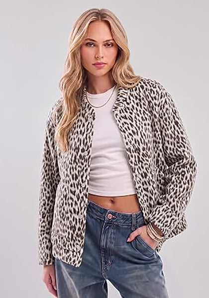 Light Grey Cheetah Women's Leopard Print Bomber Jacket — Oversized Brushed Wool Blend Cheetah Jacket with Stand Collar, Snap Buttons & Elastic Hem