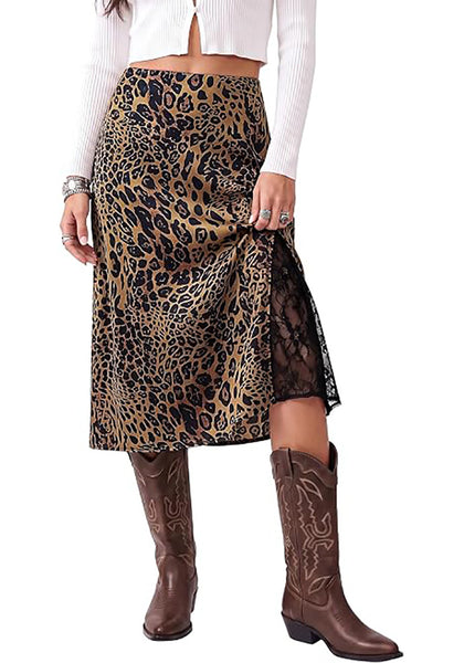 Brown Jaguar Leopard Satin Midi Skirt — High Waisted A Line Slip Skirt with Slit, Lace Trim & Stretchy Waist