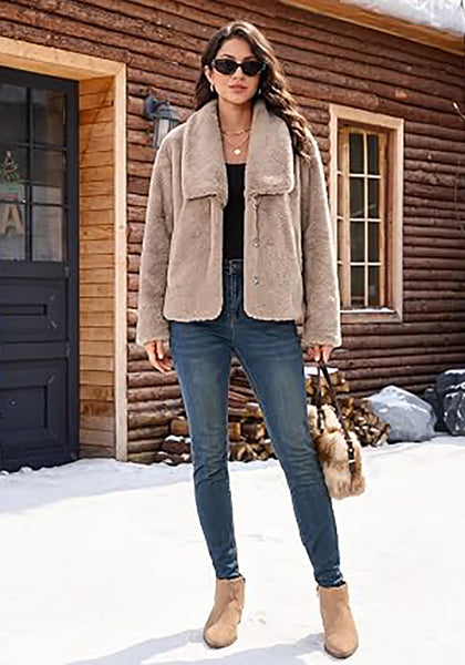 Khaki Wide Lapel Faux Fur Coat for Women — Oversized Dropped Shoulder Jacket with Side Pockets & Snap Buttons