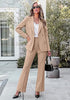 Khaki Women's 2 Piece Blazer Pants Suit, Business Casual Long Sleeve Belted Double Breasted Blazer & Elastic High Waisted Flared Pants Set, Dressy Office Work Outfits