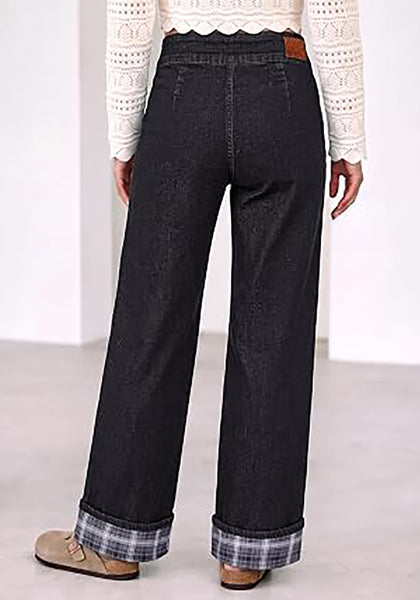 Black Women's High Rise Wide Leg Jeans — Stretchy Denim Pants with Double Button Waistband, Vertical Seam & Contrast Plaid Cuffs