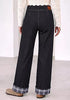 Black Women's High Rise Wide Leg Jeans — Stretchy Denim Pants with Double Button Waistband, Vertical Seam & Contrast Plaid Cuffs