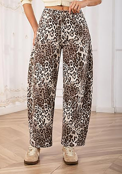 Sand Leopard Women's Trendy Leopard Barrel Jeans — High Waisted Baggy Wide Leg Stretchy Denim Pants with Front Seam & Ankle Length