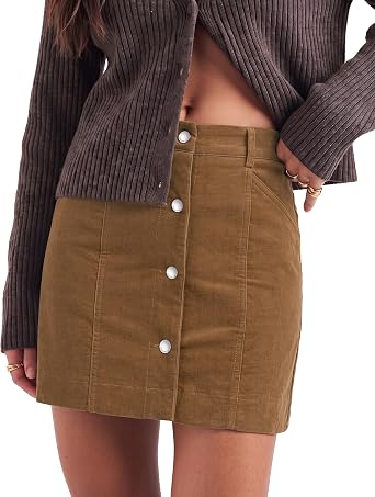 Toffee Brown Women's Corduroy Short Skirt, Trendy Button Fly Stretchy Fall Skirts with Elastic Back Waist and Functional Pockets, Soft Dressy Casual Fall Outfits
