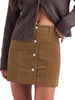 Toffee Brown Women's Corduroy Short Skirt, Trendy Button Fly Stretchy Fall Skirts with Elastic Back Waist and Functional Pockets, Soft Dressy Casual Fall Outfits