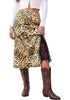 Golden Brown Cheetah Satin Midi Skirt — High Waisted A Line Slip Skirt with Slit, Lace Trim & Stretchy Waist