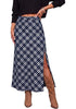 Navy Blue & White Women's Trendy Plaid Maxi Skirt — High Waisted A Line Long Skirt with Side Slit, Vintage Pattern & Back Elastic Waist
