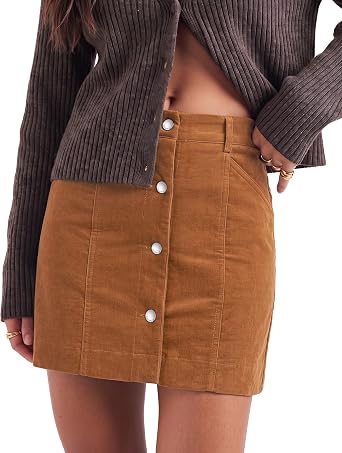 Brown Women's Corduroy Short Skirt, Trendy Button Fly Stretchy Fall Skirts with Elastic Back Waist and Functional Pockets, Soft Dressy Casual Fall Outfits