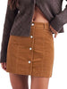 Brown Women's Corduroy Short Skirt, Trendy Button Fly Stretchy Fall Skirts with Elastic Back Waist and Functional Pockets, Soft Dressy Casual Fall Outfits