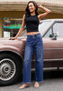 Darkness Blue Women's High Waisted Wide Leg Jeans by luvamia — Stretchy 90s Baggy Straight Denim, Raw Hem, Button Front, 29.5