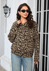 Khaki Leopard Women's Leopard Print Bomber Jacket — Oversized Brushed Wool Blend Cheetah Jacket with Stand Collar, Snap Buttons & Elastic Hem