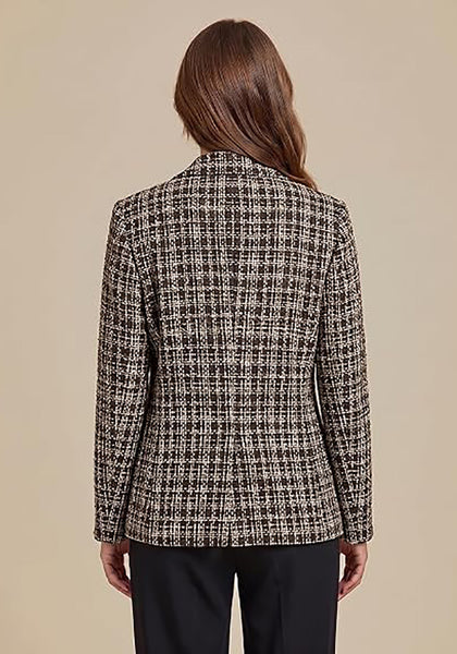 GRAPENT Women's Tweed Plaid Blazer | Notched Lapel, Fully Lined, Shoulder Pads, Single Button, 2 Pockets, Interview Office Business Casual