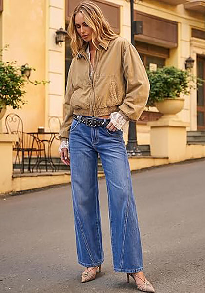 Classic Blue Women's Wide Leg High Waist Stretch Jeans Baggy Straight Leg Denim Pants,  29.5 Inch Inseam Angled Side Seam, Country Concert Western Style